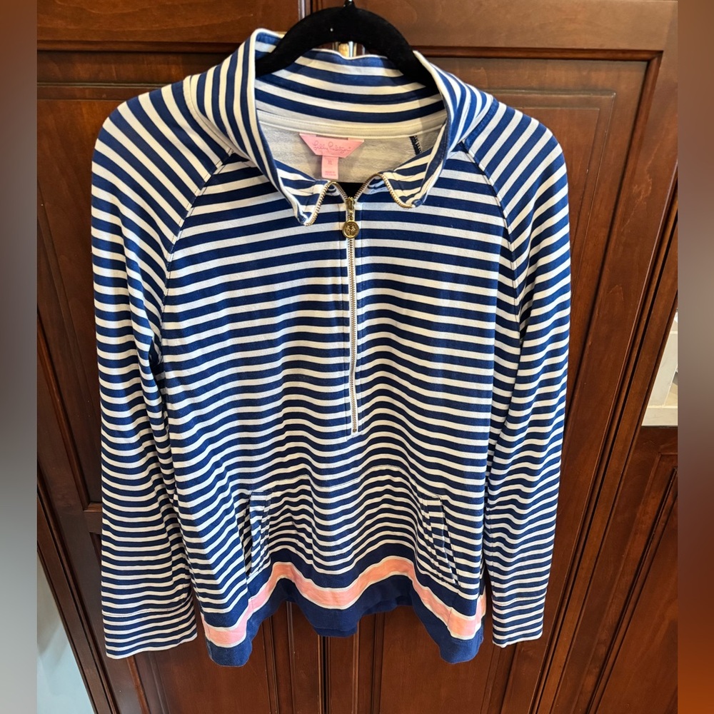 Lilly Pulitzer Striped Blue and White Quarter-Zip Pullover, XL